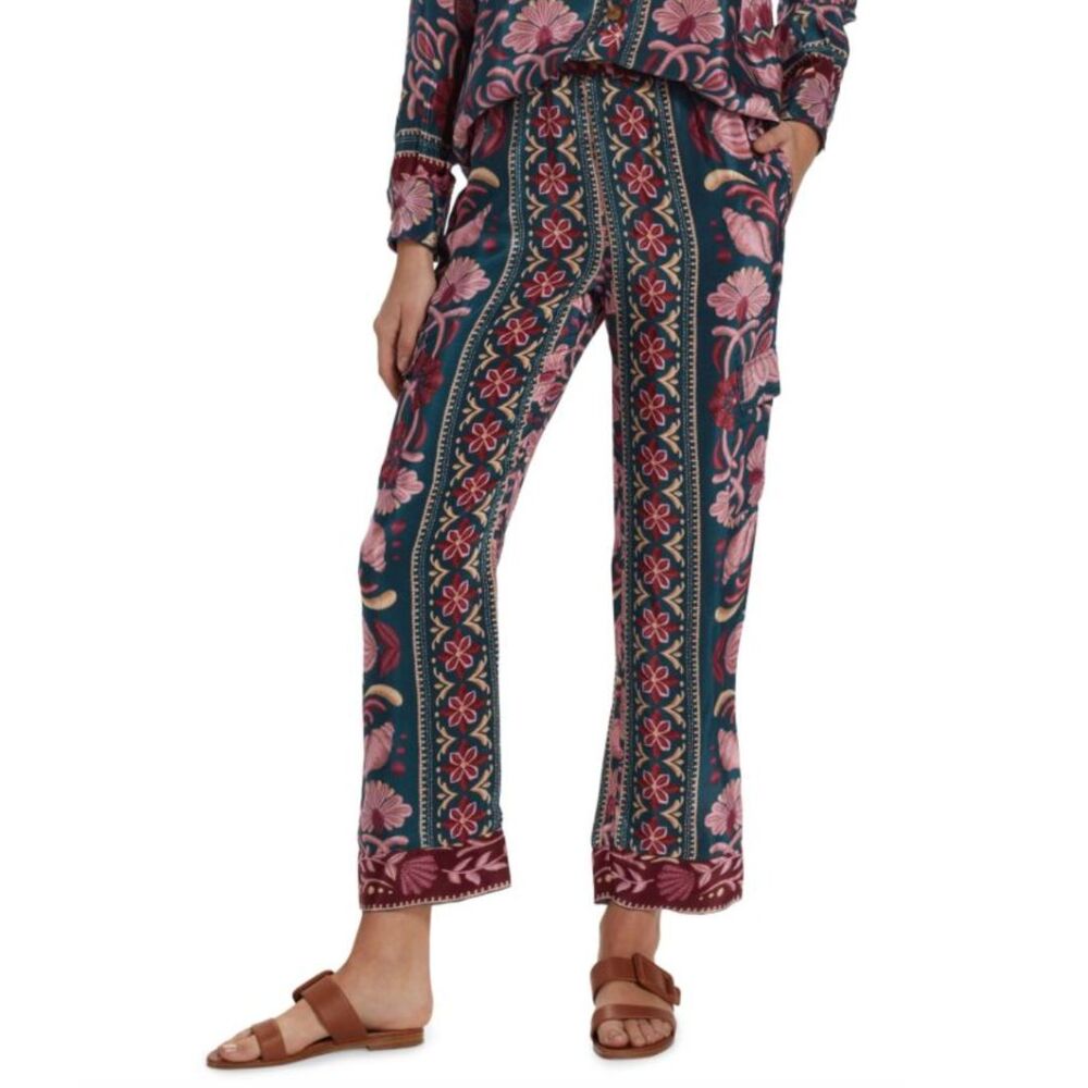Farm Rio Pants Size XS Seashell Tapestry Teal Cargo NWT Anthropologie‎